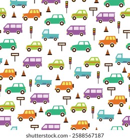 Cars seamless pattern. Children's transport background. Repeating print  color range i of kids fabrics. Bright green, orange vehicles on white wallpaper.