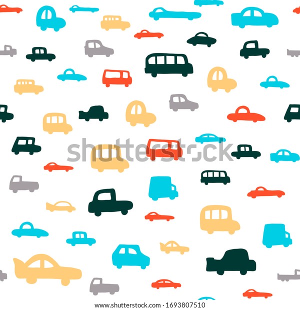 cars\
seamless pattern. funny cartoon vector illustration on a white\
background. for postcards, book characters, children s games, toy\
design, fabric, design children clothes.\
Hand-drawn.