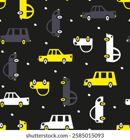 Cars seamless pattern. Kids background with transport. Dark, contrasting black and yellow print with cars for fabric prints for boys' outerwear: jackets, winter coats. Vehicles for wallpaper, cover.