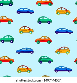 Cars. Seamless pattern. Multicolored cars on blue background. Products for babies, for little boys.