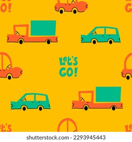 Cars seamless pattern with text. Colorful retro style endless background with automobiles, vehicles, tracks and Let's go inscription. Repeat vector illustration
