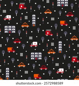 Cars seamless pattern. Transport for fabric print for kid's winter quilted coats, demi season baby jackets. Vehicles on black background. Red fire engine, orange truck, white ambulance, police, taxi.