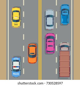 Cars seamless vector background traffic and road. Vector flat illustration