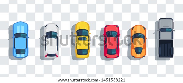 Cars set from above, top view isolated.\
Cute beautiful cartoon transport with shadows. Modern urban\
civilian vehicle. View from the bird\'s eye. Realistic car design.\
Flat style vector\
illustration.