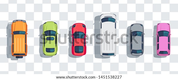 Cars set from above, top view isolated.\
Cute beautiful cartoon transport with shadows. Modern urban\
civilian vehicle. View from the bird\'s eye. Realistic car design.\
Flat style vector\
illustration.