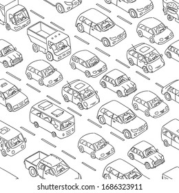 Cars set. Freehand sketch. Traffic jam on the road. Buses and trucks. Line and outline style. Vector isometric illustration.