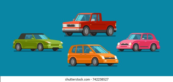 Cars, set of icons. Vehicle, automobile, garage, transport, car service concept. Cartoon vector illustration