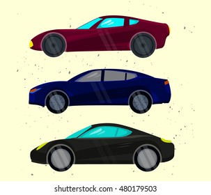 Cars set isolated. Vector illustration, eps10. Three different cars: crimson sport car, blue hatchback and black coupé. Easy to edit each element.