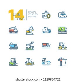 Cars - set of line design style colorful icons isolated on white background. Sedan, minivan, minibus, cabriolet, box van, pickup, jeep, crossover, hatchback, sport, truck, wagon, limousine, retro