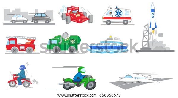 Cars, ships, motorbikes, truck and\
special vehicles collection illustrated\
vector