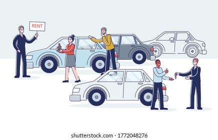 Cars showroom with cartoon characters dealers selling new cars and clients taking vehicles for rent. Rental automobile customers and auto owners getting keys. Linear vector illustration