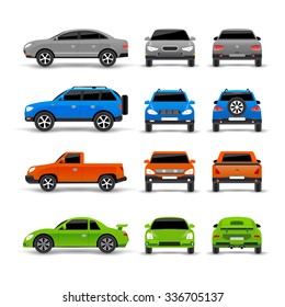 Cars side front and back icons set isolated vector illustration
