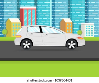 Cars side view. City downtown landscape on the background. Vector illustration.