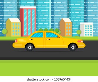 Cars side view. City downtown landscape on the background. Vector illustration.