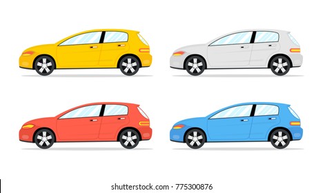 Cars side view. Flat cartoon style. Vector illustration.