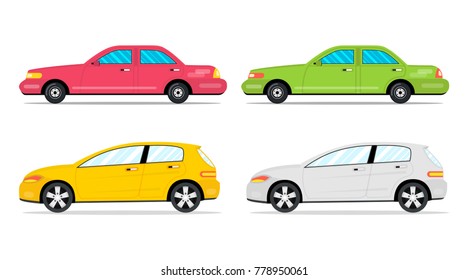 Cars side view. Flat cartoon style. Vector illustration.