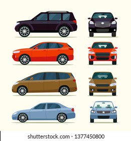 Cars side view and front view. Vector flat style illustration