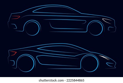 Línea vectorial de silueta de coches sobre fondo oscuro. Vista lateral de la ilustración de los coches deportivos.