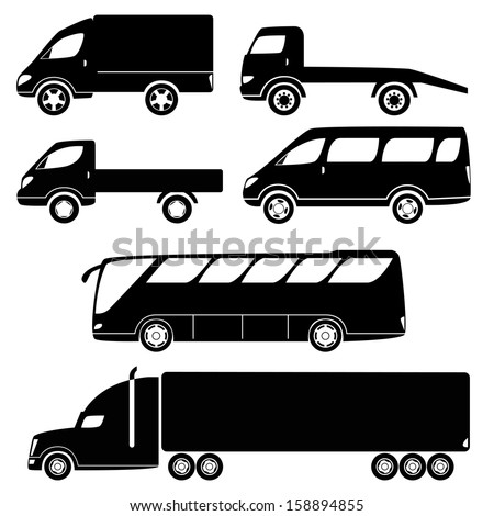Cars silhouettes vector collection - van, open lorry, wrecker, minibus, trailer, bus