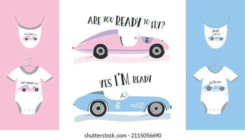 Cars and slogans designed on t-shirts for newborn twins. For textile printing.