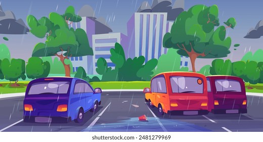 Cars standing on parking lot in city near public park in rain. Cartoon vector illustration of parked vehicles in town under falling drops. Automobiles in gloomy weather with heavy clouds and puddles.