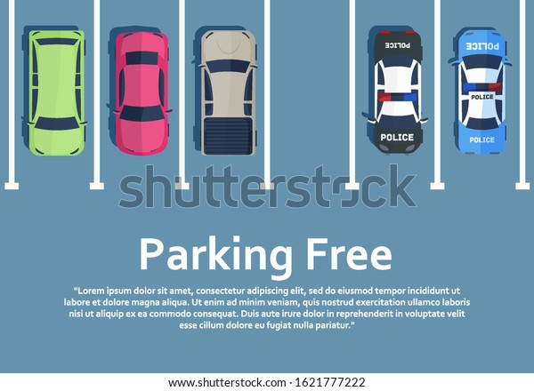 Cars are standing on parking view from above. Parking\
for cars. Passenger machinery stand in traffic jam. Street traffic\
and transport elements. Vector illustration in flat style, EPS\
10.