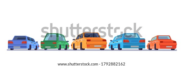Cars standing rear backs,\
cartoon vehicles backside on parking, vector isolated icons.\
Cartoon automobiles or cars on parking lot facing to background\
with rears side