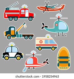 Autoadhesivos para autos - rescatistas. Ilustración para niños. Estilo plano. Ilustración vectorial.	