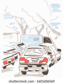 Cars in the street hand drawn marker sketch eps10 vector illustraion.