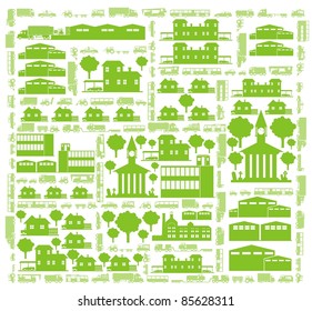 Cars, streets, trees and buildings - a green city color vector cartoon illustration set