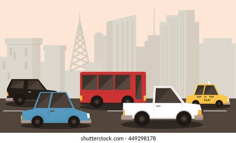 cars stuck in city traffic