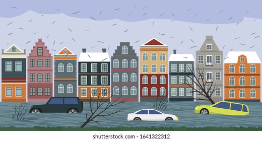 Cars submerged from a storm in Europe. Torrential rains from Hurricane Sabina and Ciara caused many flooded areas in cities. vector illustration