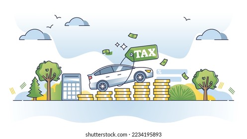 Cars tax growth and expensive financial vehicle payments outline concept. Taxes calculation and annual road fee budget vector illustration. Transportation property bill with loan service interest.