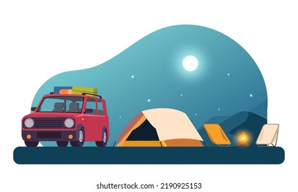 Cars, tents, campfires and night landscapes settled in the forest Travel and camping adventures