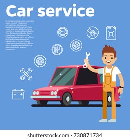 Cars tips vector illustration. auto mechanic with wrench against the red car on background. Auto repair service car, technician man
