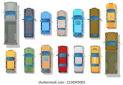 Cars top view, city transport set for city map, plan. Vehicle transport icons. Automobile car for transportation, auto car isolated. Multicolor cars above. Street traffic and transport elements