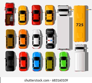 Cars top view. City vehicle transport icons set. Automobile car for transportation. Auto car vector illustration - Shutterstock ID 683160109