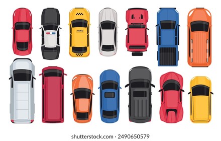 Cars top view. City vehicles. Personal or public transport. Auto park. Moving through streets. Taxi cab. Police automobile. SUV pickup. Trailer van. Road drive traffic