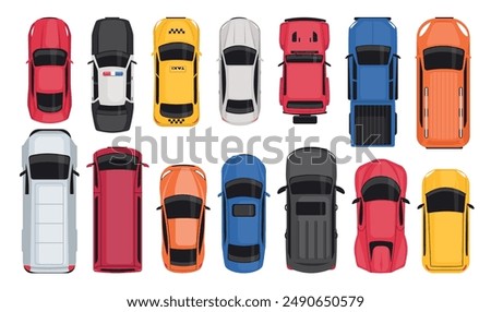 Cars top view. City vehicles. Personal or public transport. Auto park. Moving through streets. Taxi cab. Police automobile. SUV pickup. Trailer van. Road drive traffic