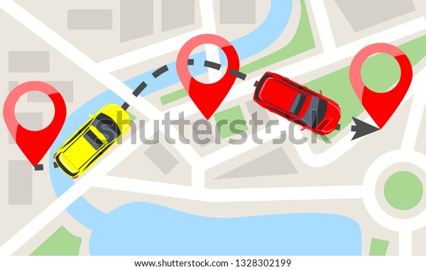 Cars with top view on\
city map and red pins. Car moving on dotted line trail. Flat Vector\
illustration.
