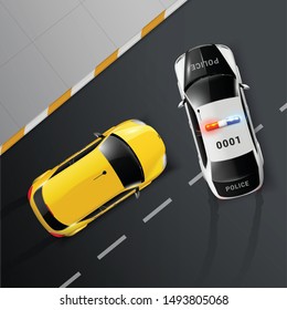 Cars top view realistic composition with road surface and police getting in way of chased automobile vector illustration