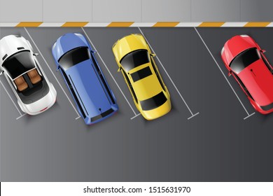 Cars top view realistic composition with parking space marks on asphalt surface and colourful motor vehicles vector illustration