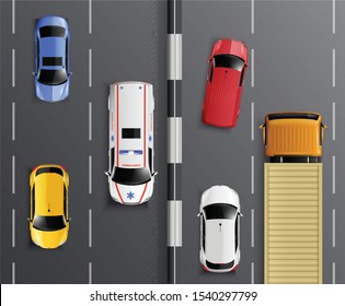 Cars top view realistic composition with traffic lanes barrier and colourful cars with ambulance and truck vector illustration