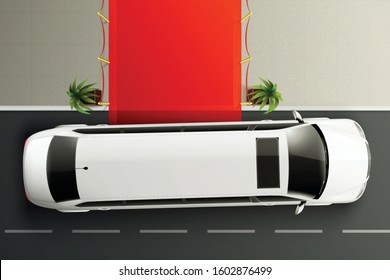 Cars top view realistic composition with white luxury limousine standing in front of red carpet vector illustration