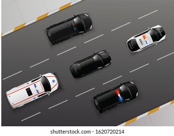 Cars top view realistic composition with images of blue light service cars moving along the road vector illustration