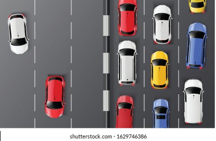 Cars top view realistic composition with above scenery of speedway with colourful passenger cars and barrier vector illustration