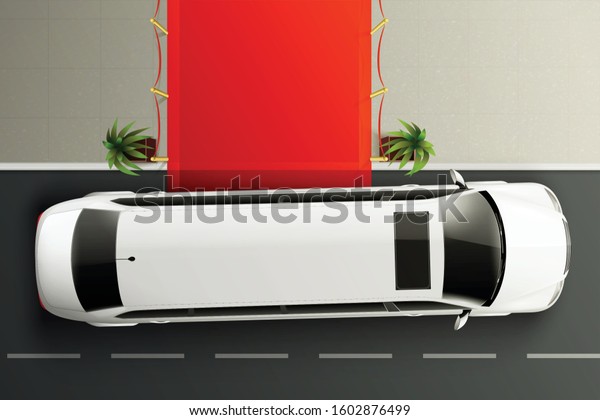 Cars top view\
realistic composition with white luxury limousine standing in front\
of red carpet vector\
illustration