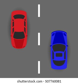 Cars top view, road. Vector illustration