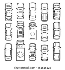 Cars top view thin line vector icons. Set of model car sedan, taxi and ambulance car in linear style illustration