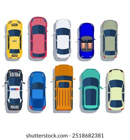 Carros vista superior vetor cidade plana transporte de veículos ícones conjunto. Carro automóvel para transporte, ilustração do ícone do carro automóvel. Ilustração vetorial em design plano